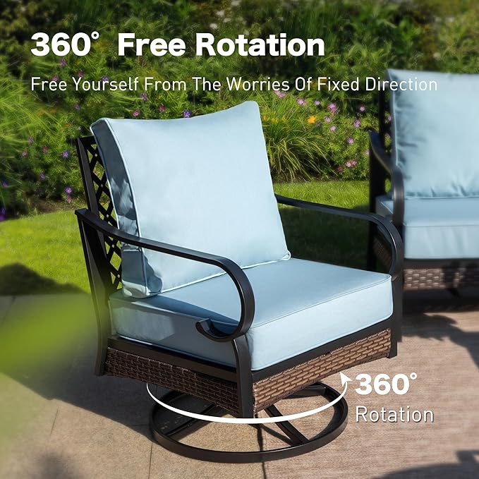 4 Piece Black Metal Outdoor Patio Furniture Sets with Firepit Table, Patio Conversation Sets 1 3-Seater Sofa, 2 Swivel Sofa with 5.75" Thick Cushion Backyard Furniture for Deck, Blue