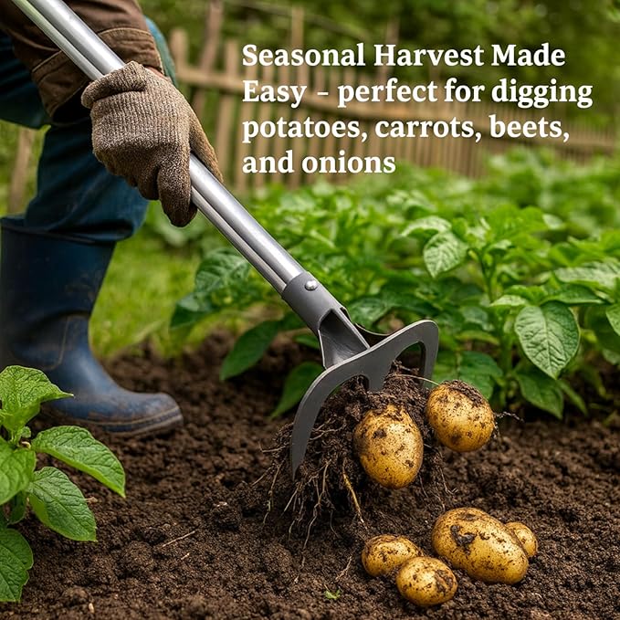 Potato Hand Rake Garden Tool - 62" Long Handle Cultivator Weeding Rakes, 3-Tine Heavy Duty Carbon Steel with D Grip for Raised Garden Beds,Flower Bed,Soil Grass Yard Gardening