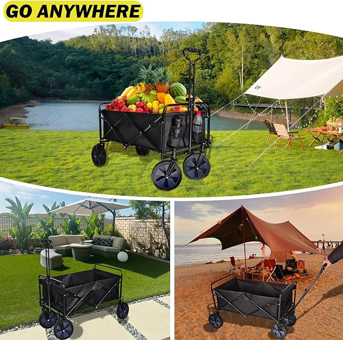 Collapsible Wagon Cart, Heavy Duty Folding Wagon with Telescopic Handle, Double Cloth Pockets, Portable Utility Garden Cart with All-Terrain Wheels for Shopping, Sports, Camping, Black