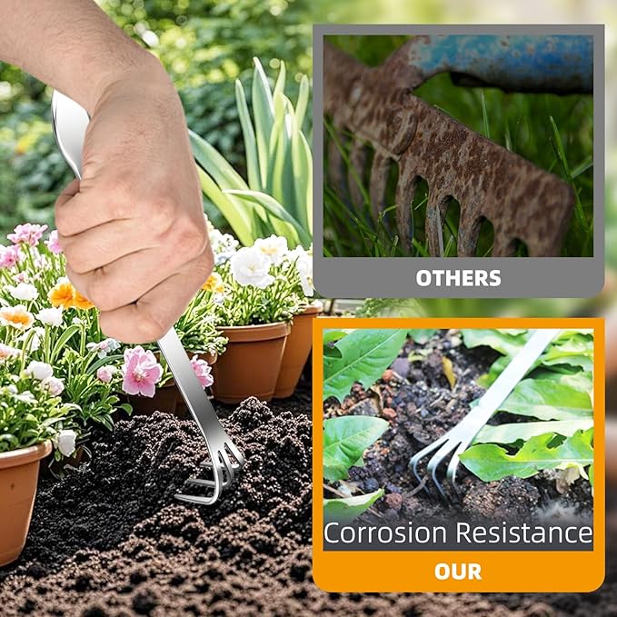Stainless Steel Root Rake，Stainless Steel 3 Prong Root Rake Pick Loosen Soil Bonsai Tree Tool Set for Gardening Plants