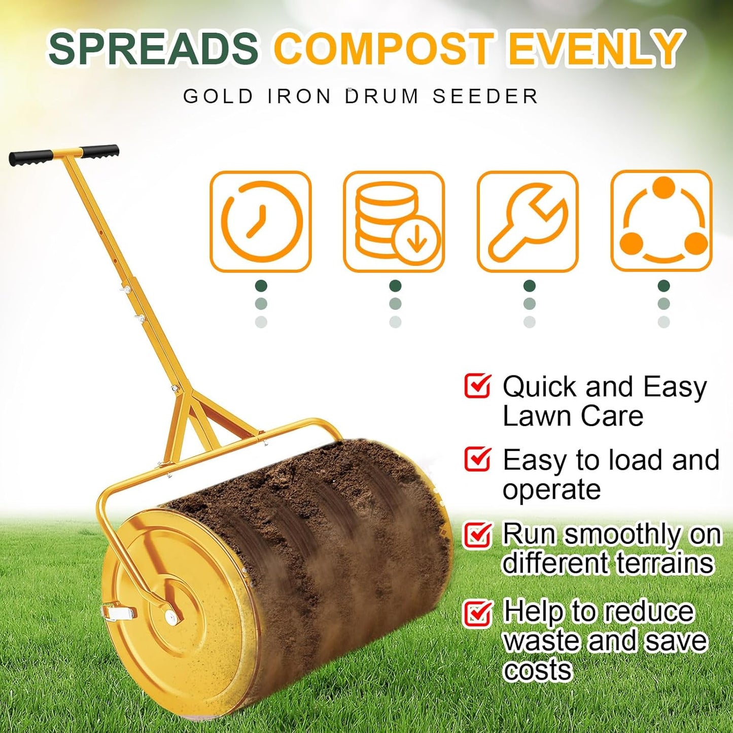 Hiboom 24 Inch Compost Spreader, Peat Moss Spreader, Manure Roller with Adjustable T Shaped Handle, Lightweight Metal Mesh for Lawn Garden Spreading Manure Topsoil (Gold)