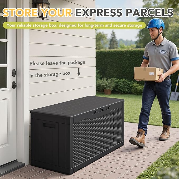 Greesum 100 Gallon Resin Deck Box Lockable Large Outdoor Storage Boxes for Garden Tools, Patio Furniture Cushions, Pool Supplies, Black