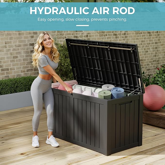 151 Gallon Outdoor Storage Box,Resin Large Sturdy Deck Box, Backyard Outside Storage Box Waterproof with Double Wall Panels,Package Delivery Garden Outdoor Hose Storage Bin,Black