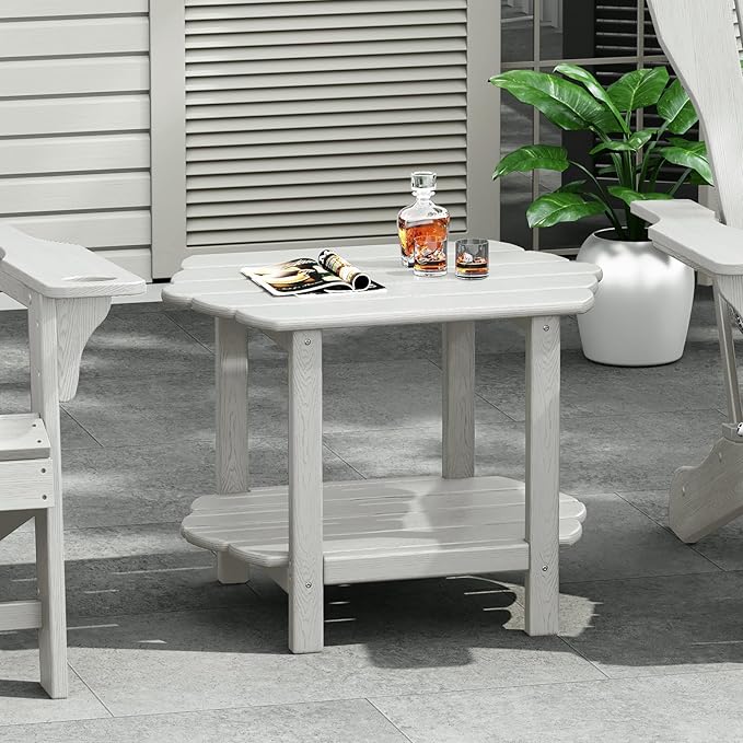 Small Outdoor Side Tables Modern 2-Tier Adirondack Table Rustic End Table HDPE Storage Shelf Industrial Corner Rectangle Coffee Table for Patio Garden Balcony Backyard Pool Farmhouse Home White