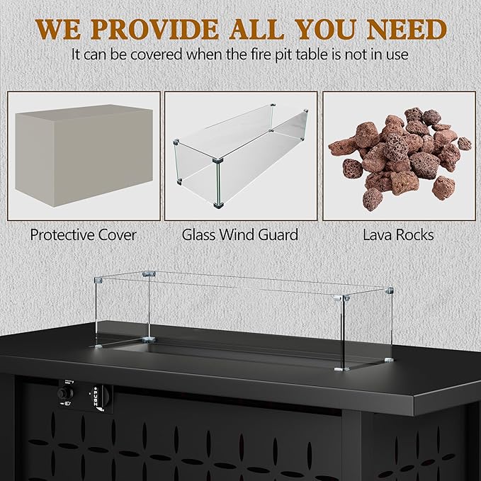 JAMFLY Propane Fire Pit Table, 43'' Gas Fire Pits Table for Outside, 2 in 1 Propane Fire Pit 50,000 BTU with Lava Rocks, Glass Wind Guard, Waterproof Cover and Lid