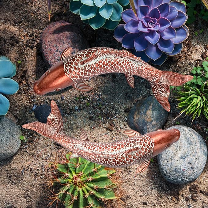 Garden Statues Koi Fish Decor, Garden Fish Pond Statues, Set of 2 Antique Copper Koi Art Sculptures for Outdoors Patio Backyard Lawn Yard Decoration, Japanese Garden Decor, Best Gifts