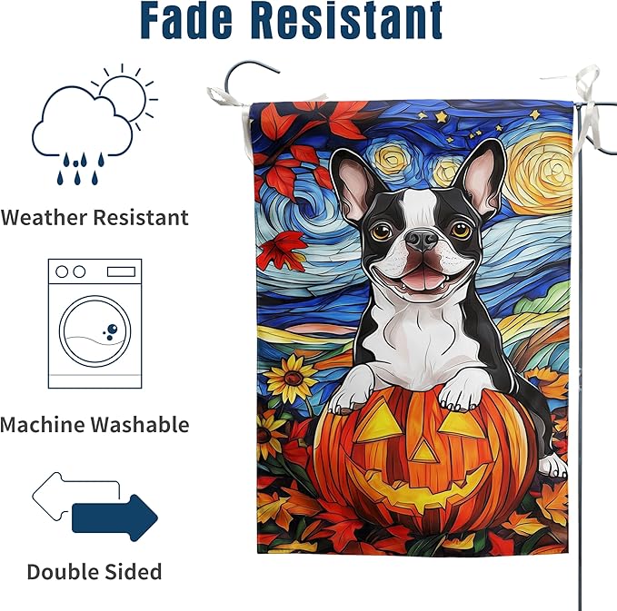 Stained Glass Boston Terrier Fall Garden Flag Halloween Pumpkin Yard Signs Autumn Sunflower Thanksgiving Banner for Outside 12x18 Double Sided Small Dog Outdoor Decorative