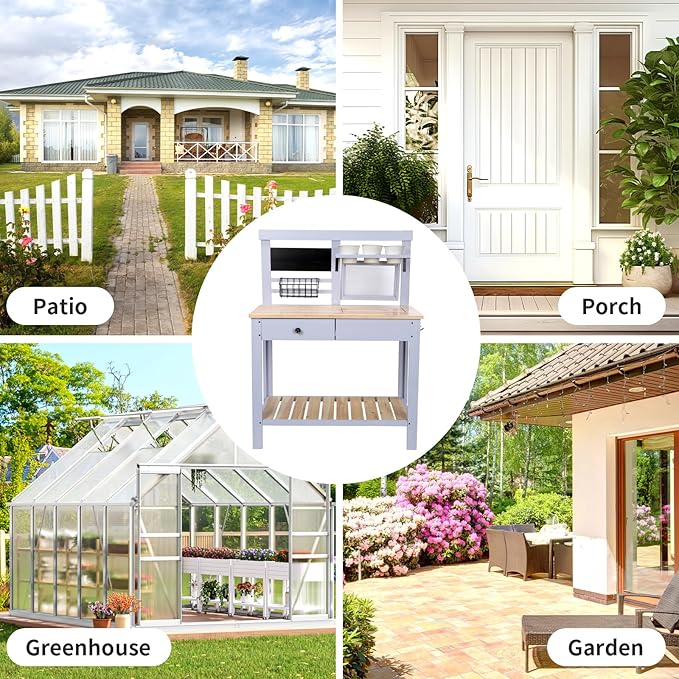 Kids Potting Bench Table Outdoor Garden Table Wooden Work Station Outdoor Garden Work Bench Platform with Removable Sink Hooks 3 Side Flower Pots Natural Wood Blue Gift for Boys Girls