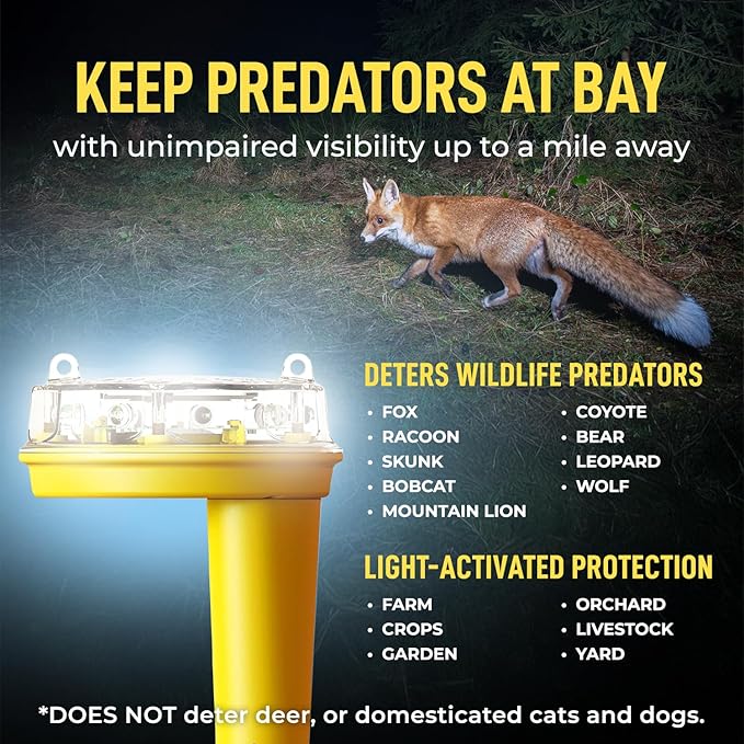 Foxlights Solar Predator Guard Deterrent with Flashing LEDs – Nocturnal Wildlife Repeller Nightlight for Flocks, Gardens, Crops & Chicken Coops- Protection Used by Professional Ranchers & Farmers