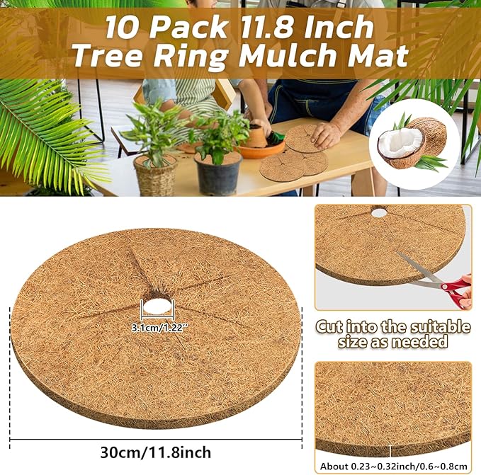 Legigo 10pcs Coconut Fiber Mulch Ring Tree Plant Protector Mat, 11.8 Inch Natural Coco Coir Tree Protection Ring Plant Pot Soil Cover, Tree Rings Disc Plant Cover for Indoor Outdoor Plants,Landscaping