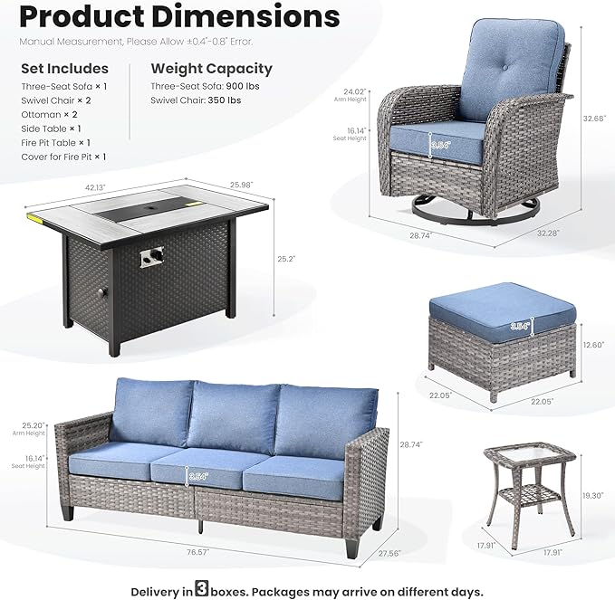 ovios 7 Pieces Patio Furniture Set, Outdoor Wicker Sofa Couch with Rocking Swivel Chairs Fire Pit Table, Modern Deep Seat Rattan Conversation Sets for Porch Deck, Denim Blue