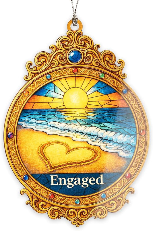 Engaged 2024 Beach Sunset Ornament – engagement ornament – wedding gifts – romantic decor – christmas ornament – Suncatcher effect window hanging – Car Hanging