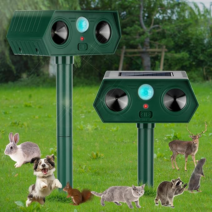 2 Pack 2025 Ultrasonic Animal Repellent Outdoor Cat Repellent Devices Solar Animal Repeller Motion Activated Deterrent to Scare Deer Squirrel Rabbit Raccoon Skunk for Yard Lawn Outdoor