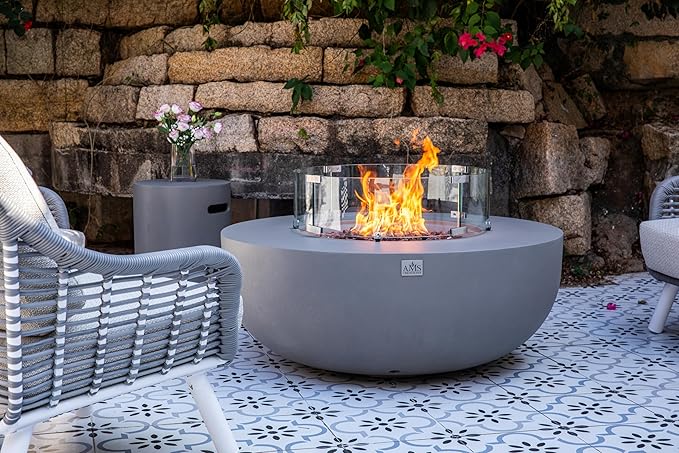 AMS Creations | Eclipse 44" Bundle Round Cast Concrete Propane Gas Fire Pit Bowl Table | Light Gray | Smooth Texture Surface | Electronic Ignition | Outdoor Patio Heater Outside Backyard Fireplace