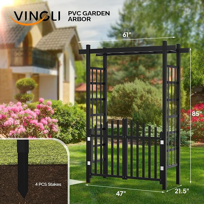 VINGLI Garden Arbor with Gate, PVC Wedding Arch for Ceremony Party, Garden Trellis for Climbing Plants Outdoor, Arch Backdrop Stand for Garden, Backyard, Lawn, Wedding (Black)