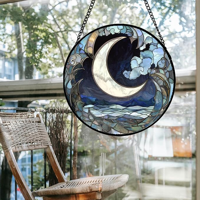 Stained Glass Window Hanging - Abstract Sea of Clouds Moon Sun Catcher for Door Terrace Garden Home Decor, Gray Blue Suncatcher Birthday Gifts for Lovers Women Men Dad Mom Nana 9.8 in