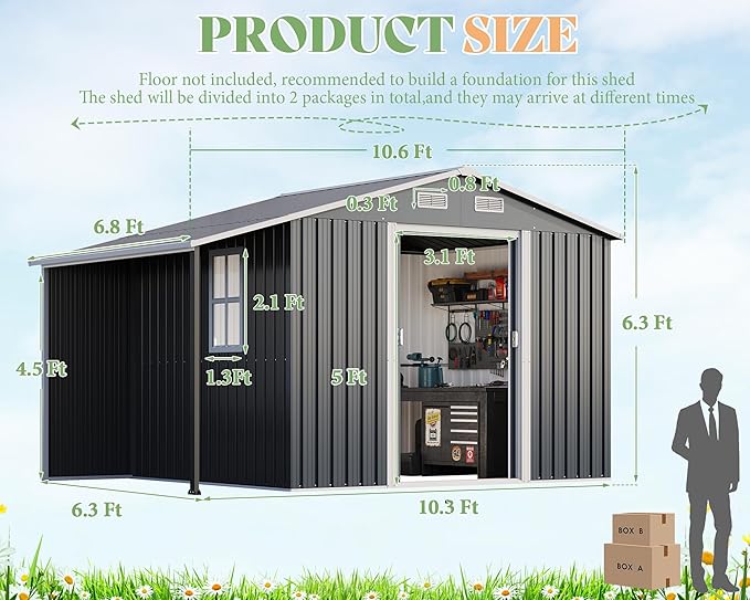 AMERLIFE 10.6x6.8x6.3 FT Galvanized Metal Storage Shed with Open Firewood Bay, Sliding Doors & Ramp, 2 Windows & Vents, Weather-Resistant Outdoor Tool/Garden Shed, Dark Gray
