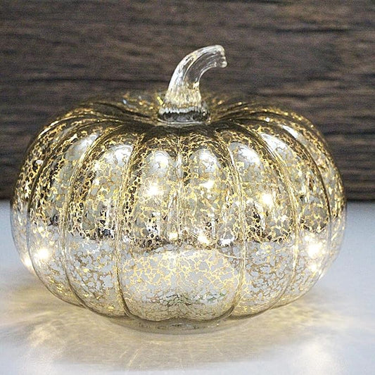 Mercury Glass Pumpkin Lights with Timer, Battery Operated Led Pumpkin Lights for Halloween Fall,Thanksgiving Rustic Decor (Silver Common, 6")