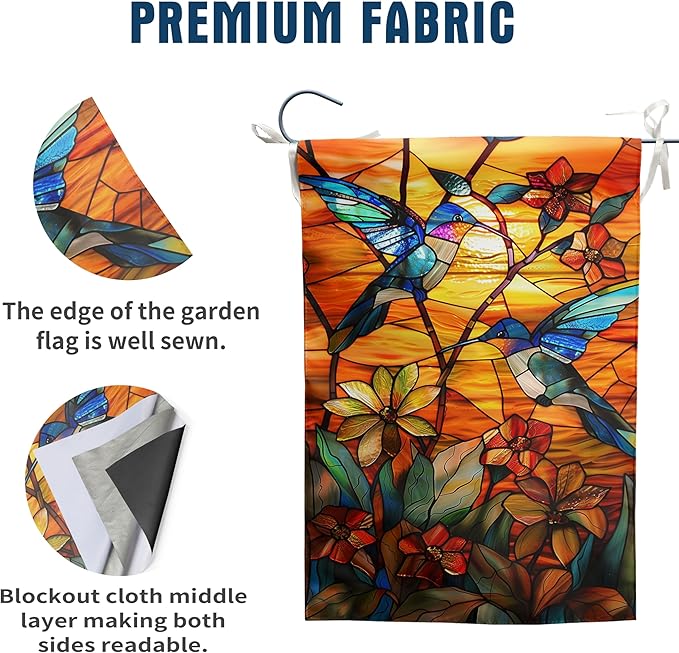 Stained Glass Hummingbird Garden Flag Spring Summer Yard Flag Fall Floral Decorative Flags for Outside 12x18 Double Sided Small Seasonal Lawn Flags Rustic Outdoor Decor