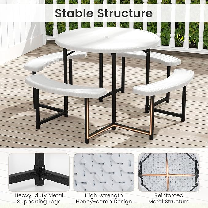 Tangkula 8 Person Picnic Table, HDPE Outdoor Round Table and Bench Set with 4 Built-in Benches, Umbrella Hole, Metal Frame for Garden Yard Patio Lawn
