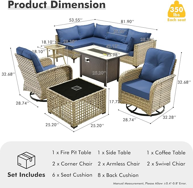 HOOOWOOO Outdoor Patio Furniture Set with Fire Pit Table,9 Pieces Wicker Out Door Sectional Furniture L Shaped Couch,Outside Patio Conversation Sets Swivel Chair,Navy Blue