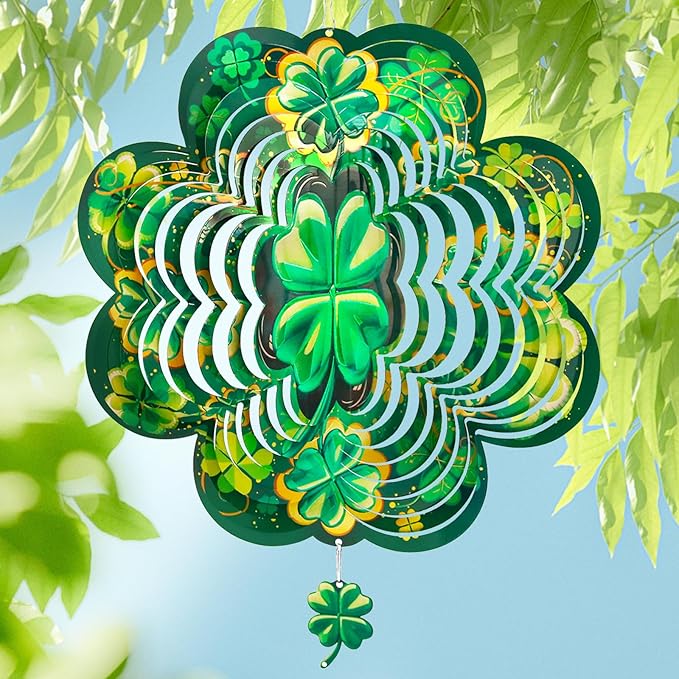 St. Patrick's Day Wind Spinner, St Patricks Day Decorations Gifts for Women, 3D Shamrock Hanging Wind Spinners for Outdoor & Indoor Decor, 12 Inch Metal Wind Spinner for Garden Yard Home Ornament
