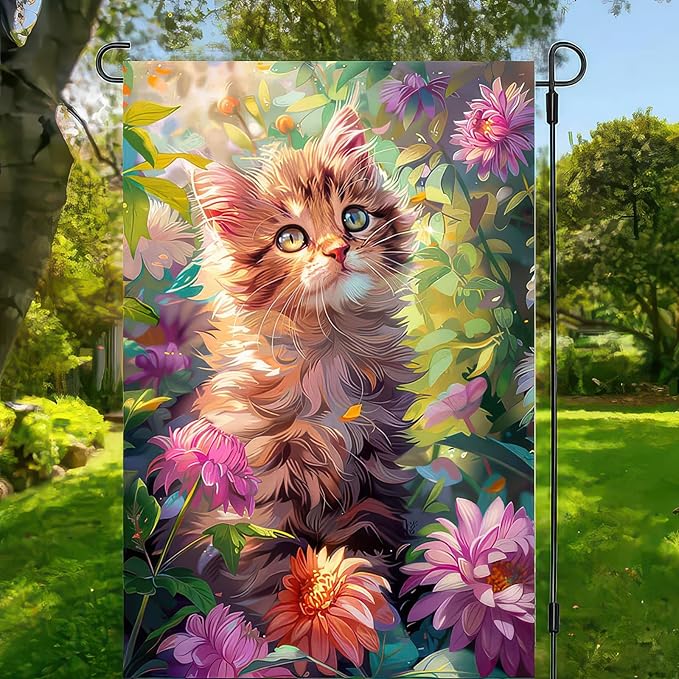 Spring Garden Flag 12x18 Inch Floral Kitten Outdoor Banner Double Sided Cat Yard Flag with Colorful Flowers for Porch Lawn Welcome Spring Summer Decor