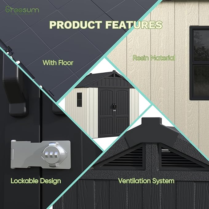 Greesum 8×6 FT Plastic Outdoor Storage Shed with Floor, Resin Sheds with Window and Lockable Door, Weather Resistant Organization for Garden, Lawn, Pool Supplies, Beige