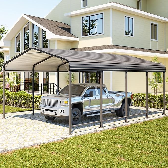 12x20FT Metal Carport, Heavy Duty Carport Canopy with Reinforced Frame and Base for All-Weather, Outdoor Garage Car Port for Pickup Trucks, Boats, Tractors or Party