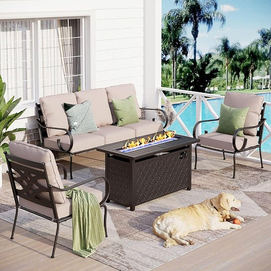 Sophia & William 4 Piece Patio Furniture Set with Fire Pit, Outdoor Conversation Sets 5 Seats Clearance with 45" Gas Fire Pit Table x 1, 3-seat Sofa x 1, Cushioned Chair x 2 for Porch Lawn, Beige