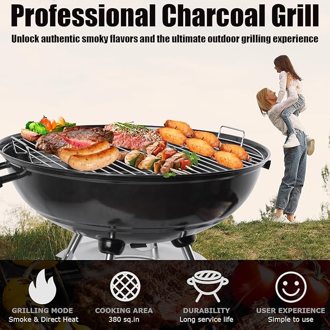 Ayiusedeza charcoal grill, kettle charcoal grill, 22.5-inch black 7-piece set, perfect for outdoor cooking in yards, hiking, and camping (227 piece set)