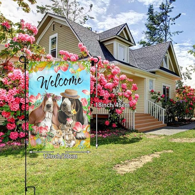 Happy Easter Basset Hound Dog Flowers Eggs Bunny Garden Flag Welcome Party Outdoor Outside Decorations Picks Home House Garden Yard Decor 12x18 Inch