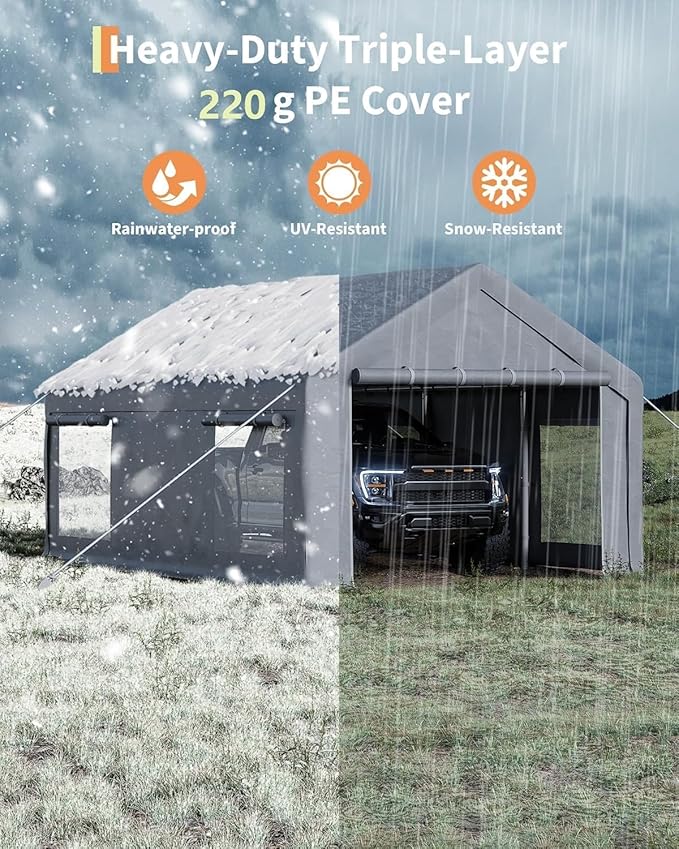 13X20Ft Waterproof Carport Canopy with Roll-Up Mesh Windows & Double Zipper Doors, 200g PE Tarp Cover for Cars, Trucks, SUVs, RVs, Boats & Outdoor Equipment Storage, Grey