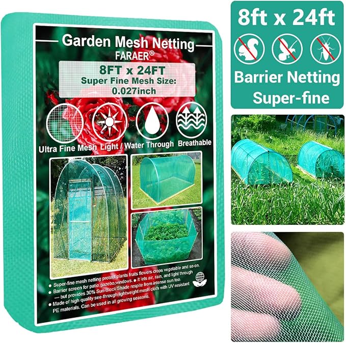 Garden Barrier Netting, Plant Covers 8x24ft Extra Fine Mesh 30% Sun Net Green Sunblock Mesh Shade Protection Netting for Vegetable Fruits Flowers Crops Row Cover Raised Bed Screen Against Birds Animal