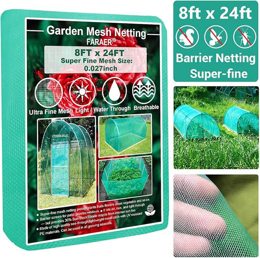 Garden Barrier Netting, Plant Covers 8x24ft Extra Fine Mesh 30% Sun Net Green Sunblock Mesh Shade Protection Netting for Vegetable Fruits Flowers Crops Row Cover Raised Bed Screen Against Birds Animal
