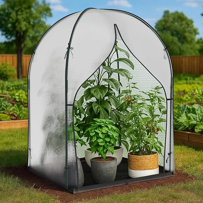SUNYRISY Greenhouse for Outdoors with Waterproof Pad, Thick Bubble Film Cover Portable Small Mini Green House Kit for Outside, Walk in Zippered Door Grow Tent Plant Cover, 47" L x 47" W x 71" H