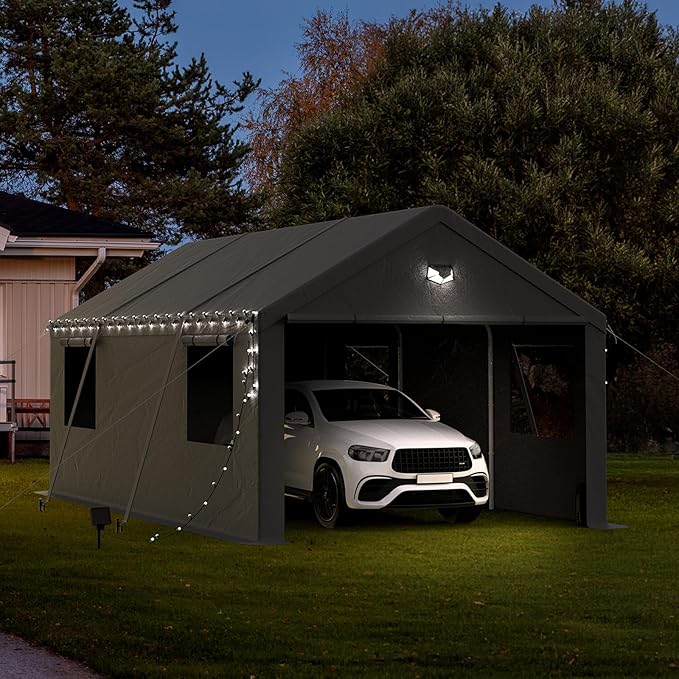 12x20 Carport Canopy, Heavy Duty Car Port, Portable Car Ports Garage with 2 Roll-Up Zipper Drive Through Doors, Grey