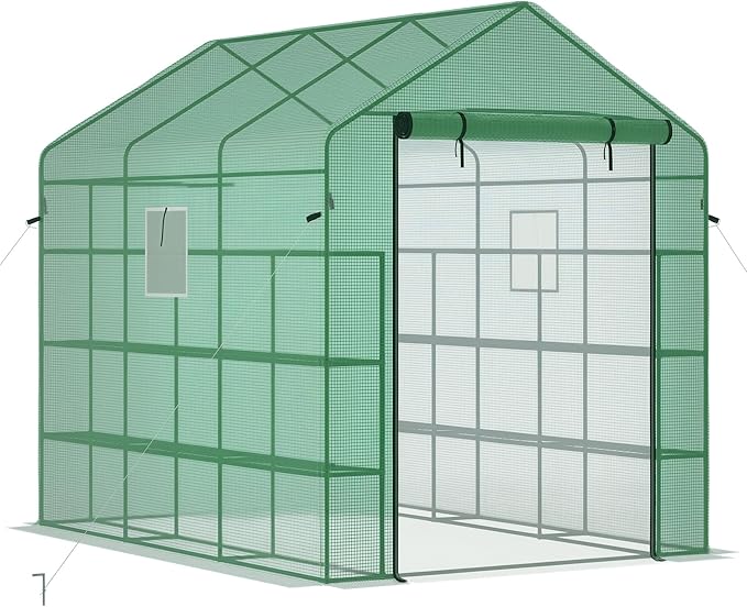 Outsunny 8' x 6' x 7' Walk-in Greenhouse with Mesh Door and Windows, 18 Shelf Green House with Trellis, Plant Labels, UV Protective for Growing Flowers, Herbs, Vegetables, Saplings, Green