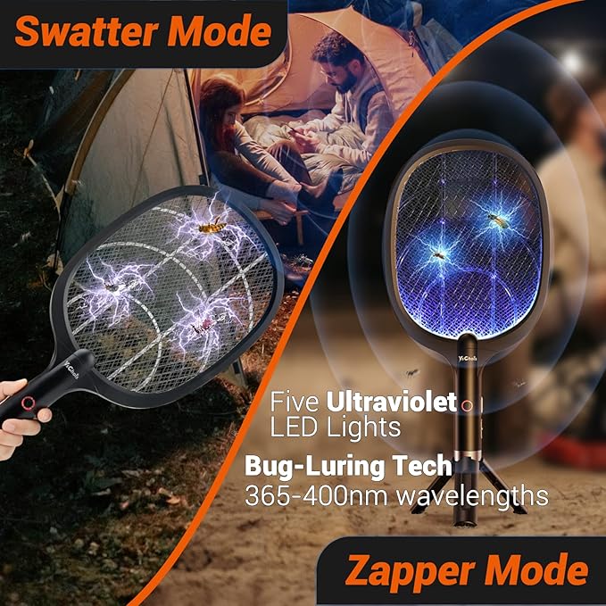 Electric Fly Swatter Racket, Rechargeable Fly Zapper - 4000 Volt, Exclusive 2-in-1 Bug Zapper Racket - USB Charging, 1800mAh Li-Battery, Indoor & Outdoor Use, Black