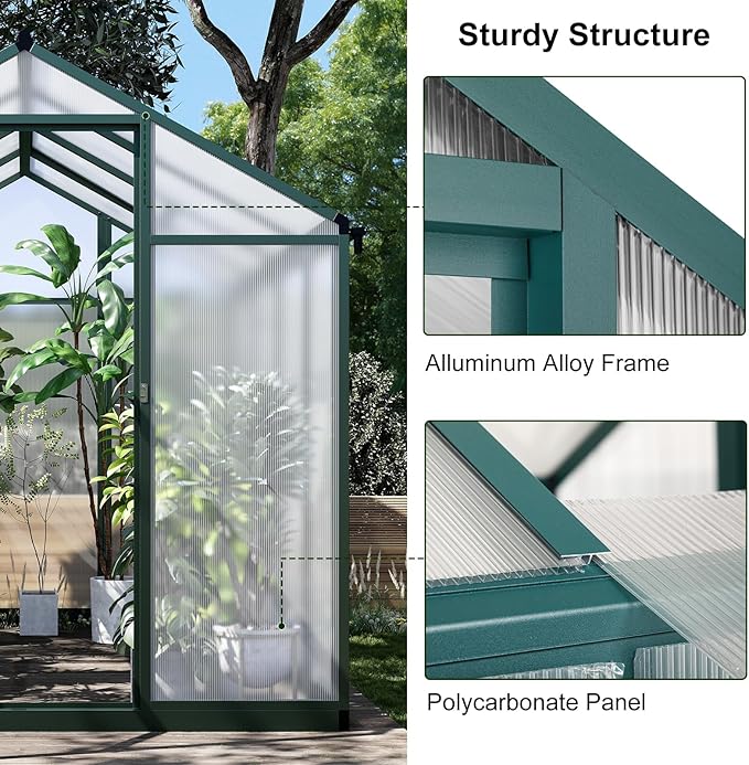 Greenhouse for Outdoors 8 x 6.25 Ft, Polycarbonate Greenhouse with Lock, Roof Windows Vent and Rain Gutter, Aluminum Large Walk-in Green Houses, for Patio Garden Backyard Outside, Green