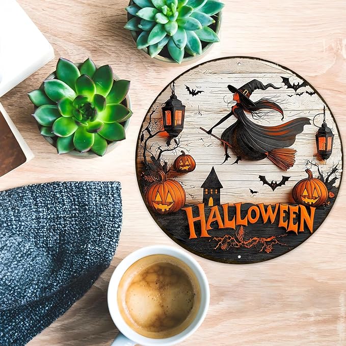 PEACHGARDEN Round Happy Halloween Witch Vintage Sign Pumpkin Metal Tin Sign for Home Bar Kitchen Hotel Dining Room Coffee 12x12inch