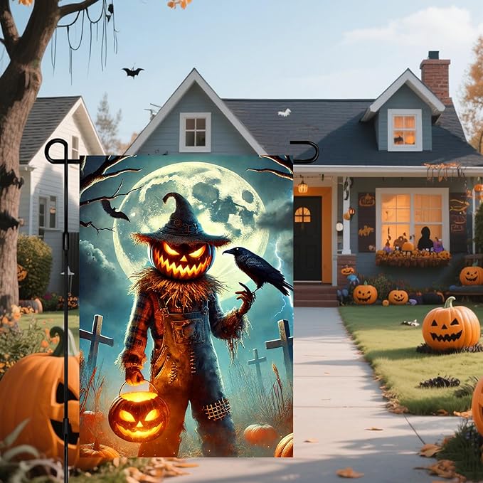 IVN Halloween Garden Flag Spooky Garden Flag 12x18 Inch Scary Jack-o-Lantern Scarecrow Raven Bat Full Moon Spooky Outdoor Decor Double Sided Fall Yard Home Porch Patio Decorations