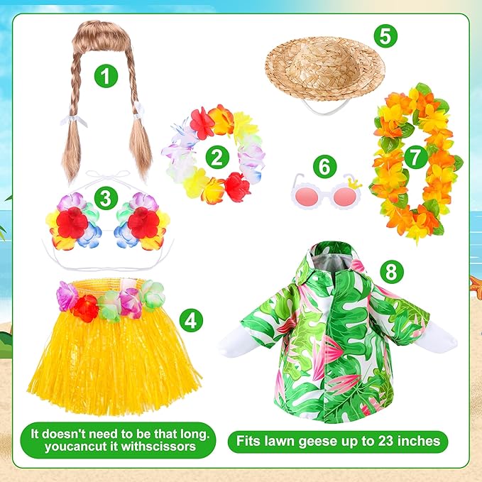 DECOHS 2 Set Hawaiian Porch Goose Outfits, Summer Bikini Lawn Goose Costume, Yard Goose Clothes Grass Skirt Straw Hat with Wreath Glasses Wig for 23" Statue Patio Garden Decoration