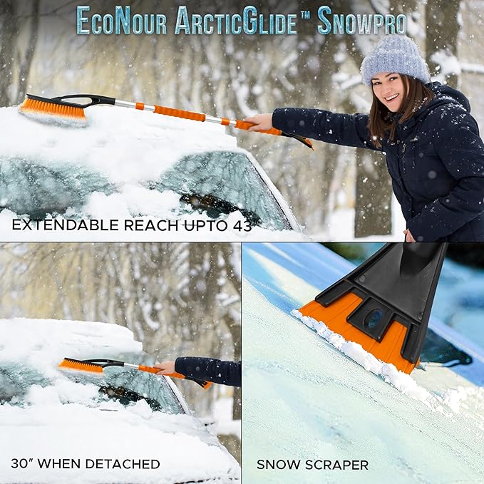 EcoNour 43" Ice Scrapers for Car Windshield Extendable | 3 Parts Detachable Telescopic Snow Brush for Car, Trucks, SUV | Long Snow Scraper with Brush | Car Winter Accessories