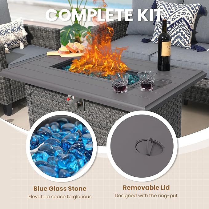 SUNSITT Outdoor Fire Pit Table 43 Inch Wicker Propane Fire Pit with Aluminum Tabletop 50,000 BTU Gas Firepit with Fire Glass, Lid, Cover, Taupe Rattan