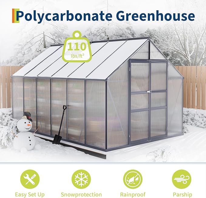 Greenhouses for Outdoors, Polycarbonate Greenhouse with Quick Setup Structure & Roof Vent, Heavy Duty Frame Walk-in Green Houses for Outside Garden Backyard