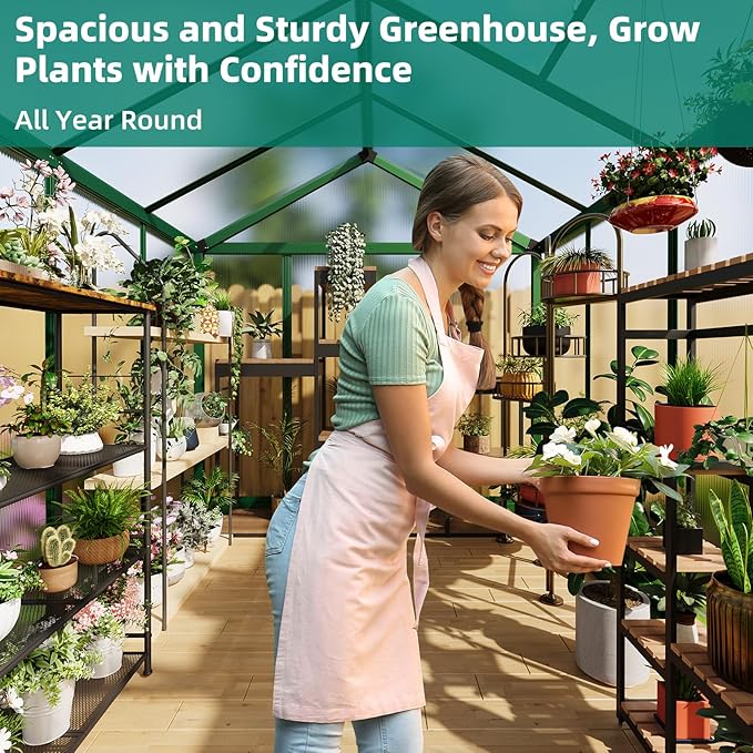 6x8 FT Greenhouse for Outdoors, Large Aluminum Greenhouses with Roof Vent and Quick Setup Structure, Greenhouse Heavy Duty with PC Panels, Walk-in Green Houses for Winter Garden,Backyard,Patio,Lawn