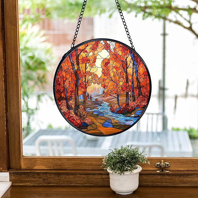 TNUW Fall Autumn Stained Glass Window Hanging, Rustic Autumn Forest Landscape Sun Catchers Indoor Window Glass Round Wall Art Decor, Fall Wall Hanging Decorations, 7.9＂x7.9＂