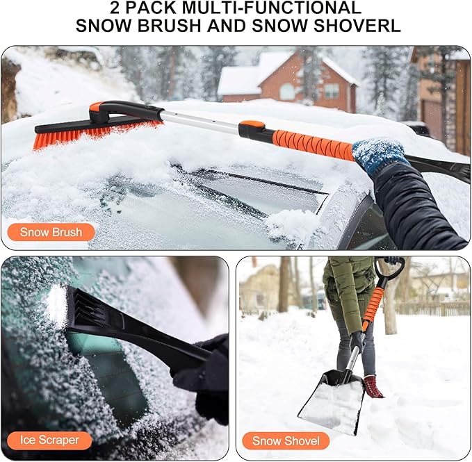 Odoland Ice Scraper with Snow Brush and Snow Shovel, 35" Extendable Snow Remover with Foam Grip, 360° Pivoting Brush Head for Car Windshield, Emergency Snow Scraper for SUV Truck Vehicle, Orange