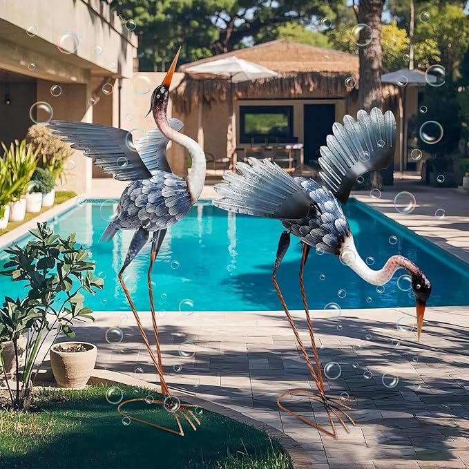 WONDER GARDEN Blue Heron Statue-Garden Statues for Outside - 2 Pack Crane Sculptures Statue, Metal Birds Yard Art for Pond, Patio, Outdoor, Porch Decor